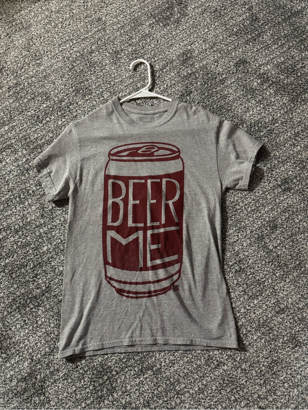 Spencer's Gray Tee with Maroon 'Beer Me' Can Graphic